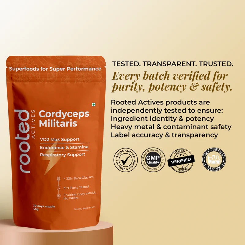 Rooted Actives Cordyceps Mushroom Extract powder (45 g) | Energy, Stamina & Endurance, Supports Testosterone, Virility, Lung health.