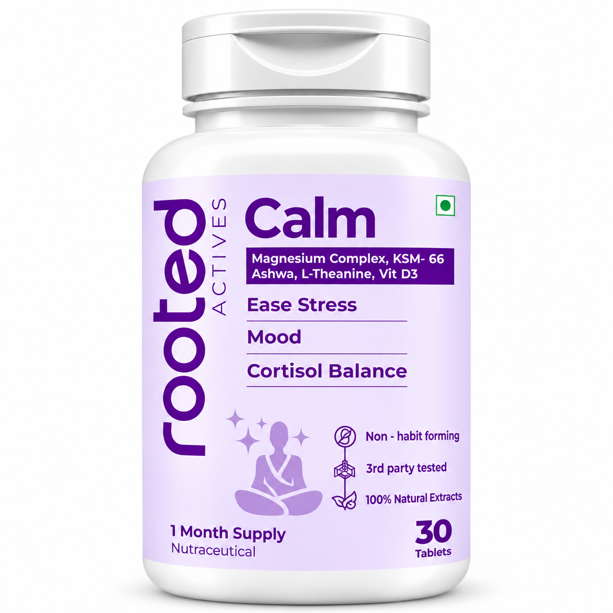 Rooted Actives Calm KSM-66 Ashwagandha, Magnesium Glycinate & L-Theanine Tablets | Daily Calm Routine