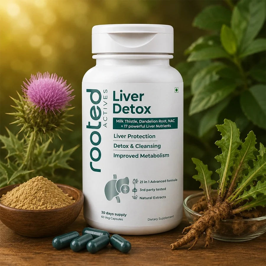 Rooted Actives Liver Detox 21-in-1 Milk Thistle, NAC & Dandelion Herbal Formula - Multi-Ingredient Daily Capsules