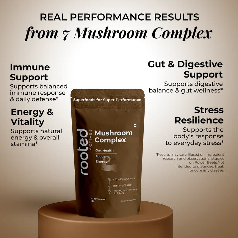 Rooted Actives Organic 7-Mushroom Complex Powder - Lion's Mane, Reishi, Cordyceps, Shiitake, Turkey Tail, Chaga & Tremella