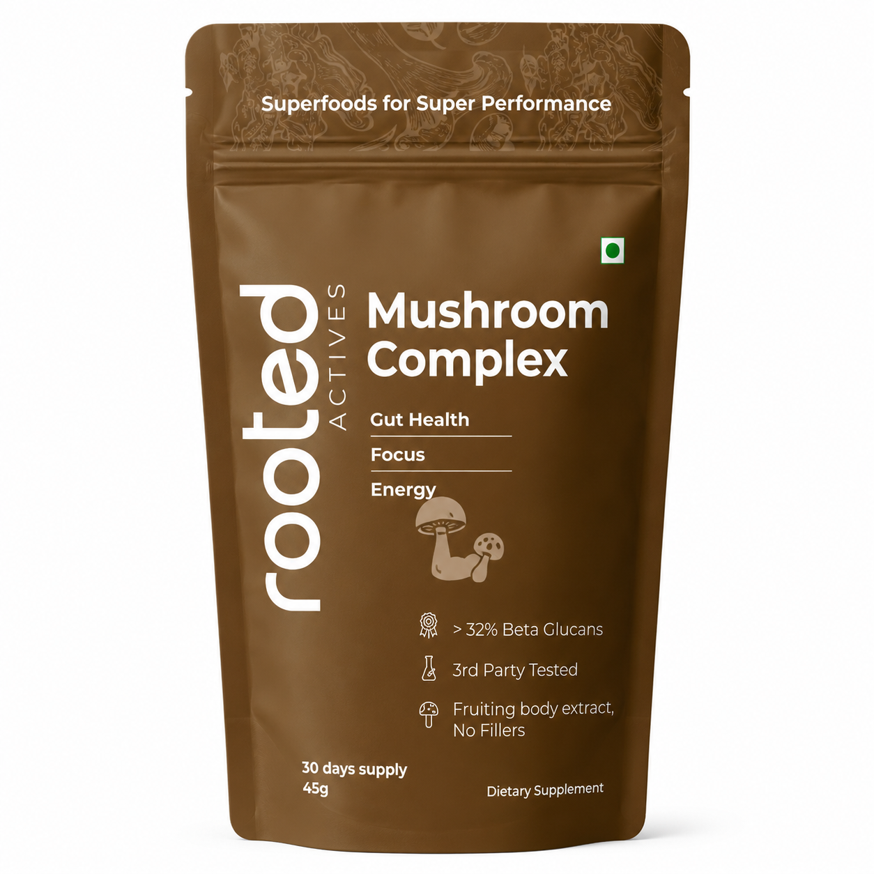 Rooted Actives Organic 7-Mushroom Complex Powder - Lion's Mane, Reishi, Cordyceps, Shiitake, Turkey Tail, Chaga & Tremella