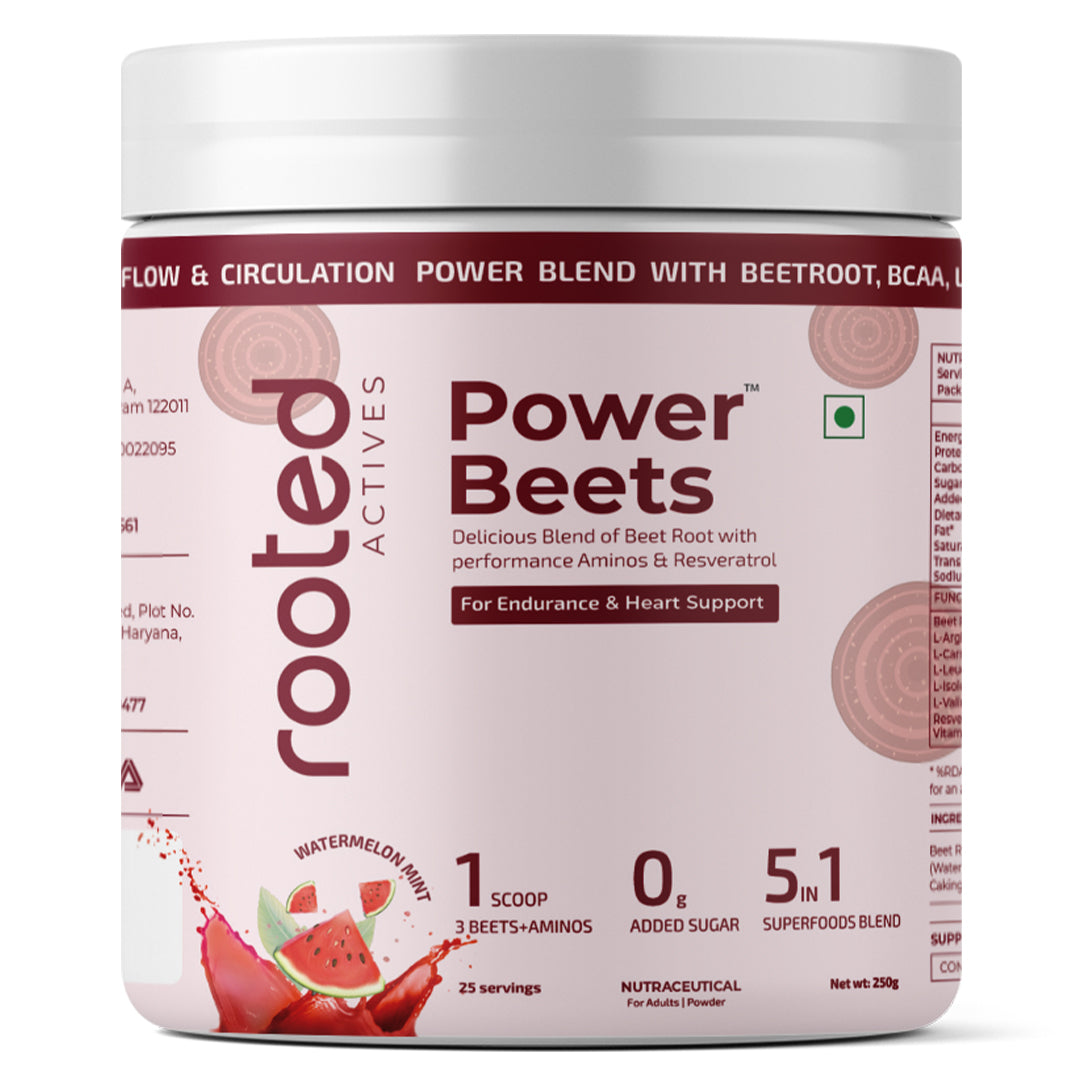 Rooted Actives Power Beets Drink Mix - Beetroot, BCAAs, L-Arginine & L-Carnitine (Watermelon Mint, 250g)