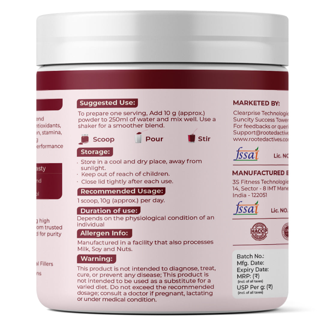 Rooted Actives Power Beets Drink Mix - Beetroot, BCAAs, L-Arginine & L-Carnitine (Watermelon Mint, 250g)