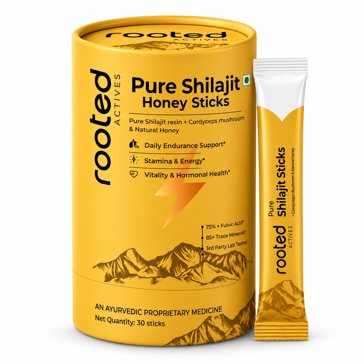 Rooted Actives Pure Shilajit Honey Sticks with Cordyceps - Himalayan Shilajit & Raw Honey (60%+ Fulvic Acid)