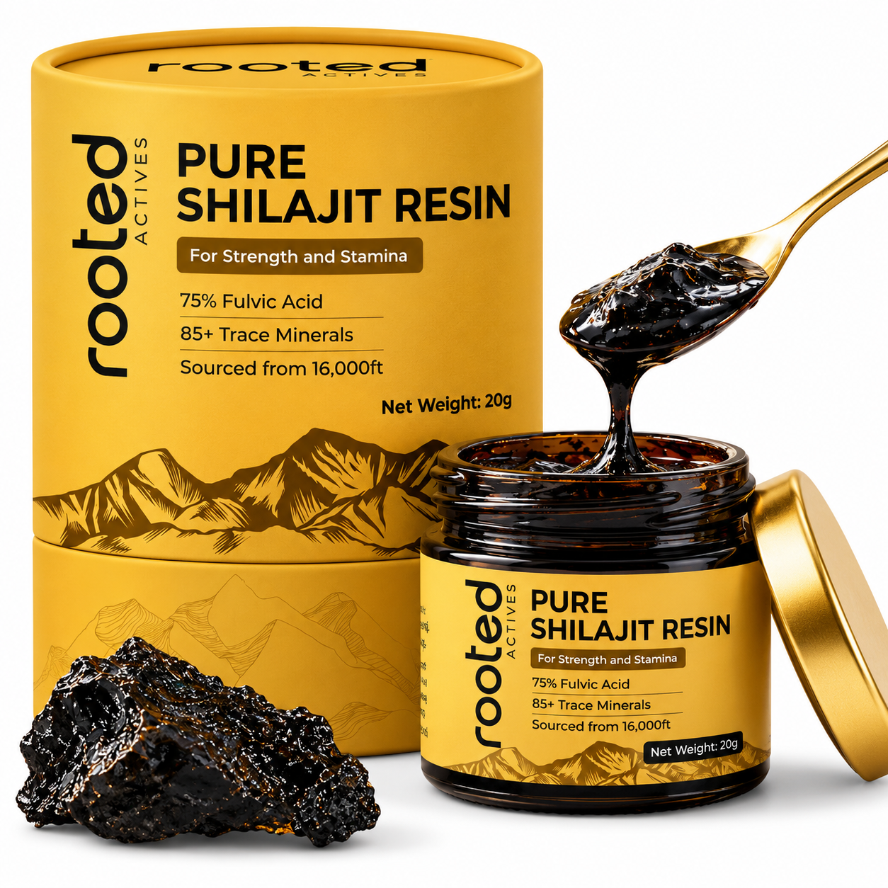 Rooted Actives Pure Himalayan Shilajit Resin - 75%+ Fulvic Acid & 85+ Trace Minerals