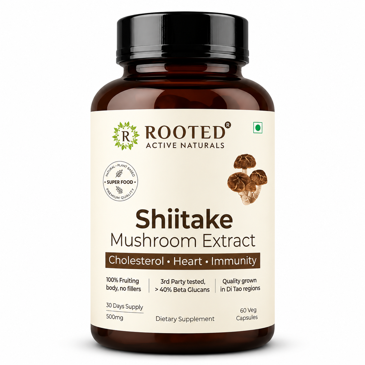 Rooted Actives Shiitake Mushroom Extract Capsules - Pure Fruit-Body Extract, Gluten-Free & Vegan