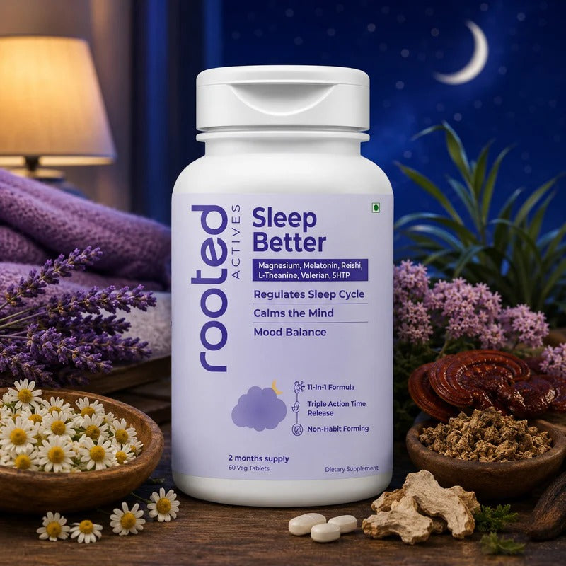 Rooted Actives Sleep Better Tablets - Magnesium, Reishi, Valerian, Ashwagandha & Melatonin Night-Time Formula