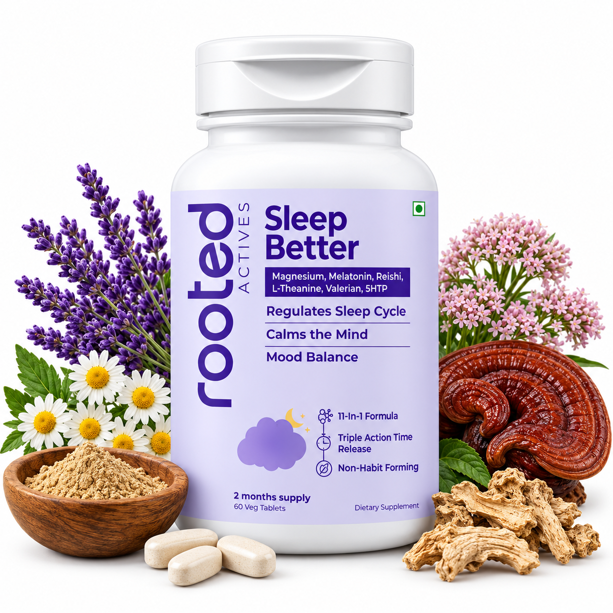 Rooted Actives Sleep Better Tablets - Magnesium, Reishi, Valerian, Ashwagandha & Melatonin Night-Time Formula