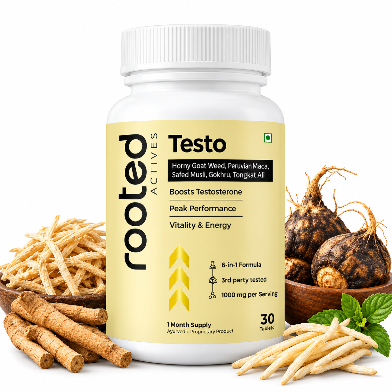 Rooted Actives Testo Tablets - Maca, Safed Musli, Tongkat Ali, Fenugreek & Gokhru Herbal Formula for Men