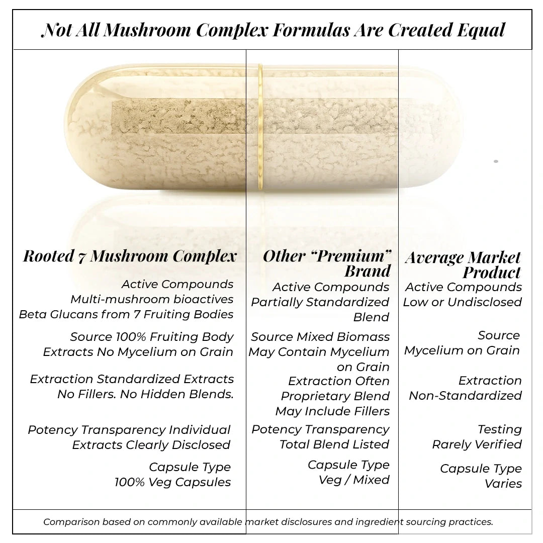 Rooted Actives 7 Mushroom Complex Capsules (60 Veg Caps) | Lion's Mane, Reishi, Cordyceps & More