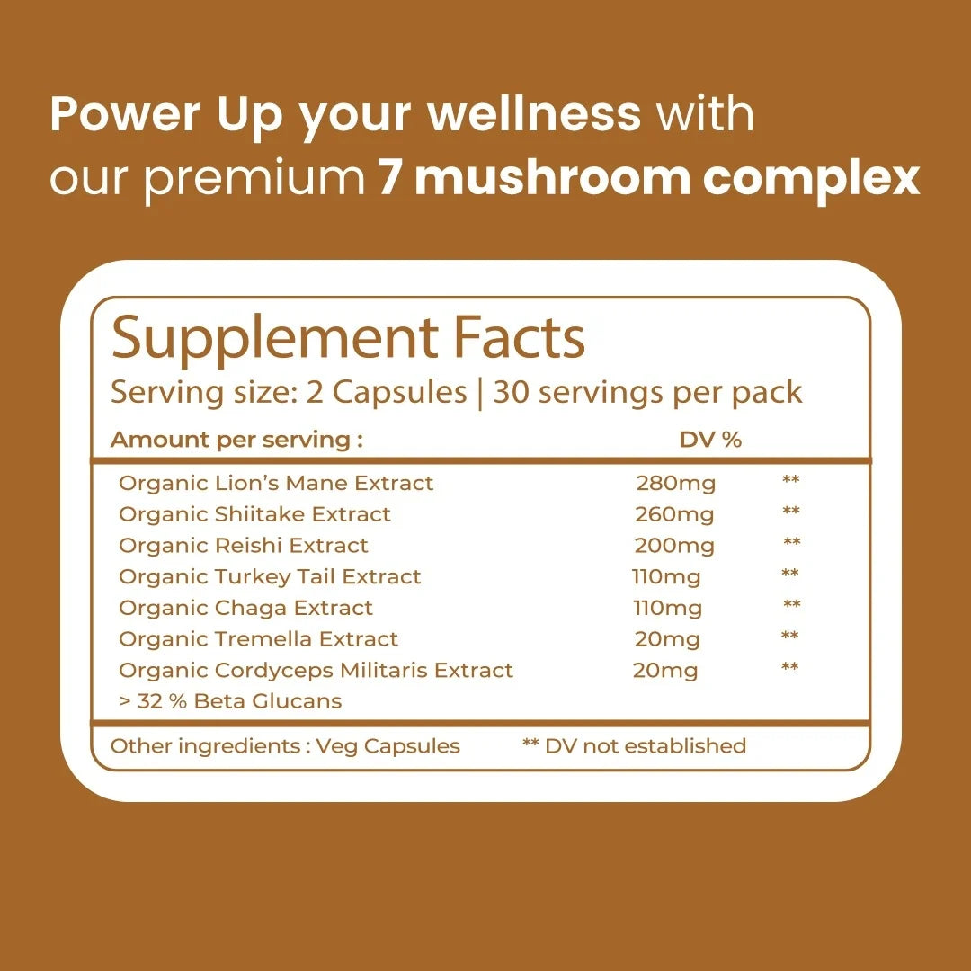 Rooted Actives 7 Mushroom Complex Capsules (60 Veg Caps) | Lion's Mane, Reishi, Cordyceps & More