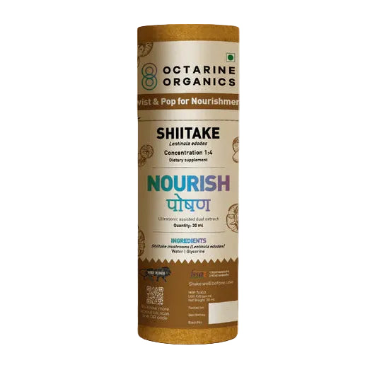 Octarine Organics Shiitake Nourish supplement container on a wooden surface with a light gray background