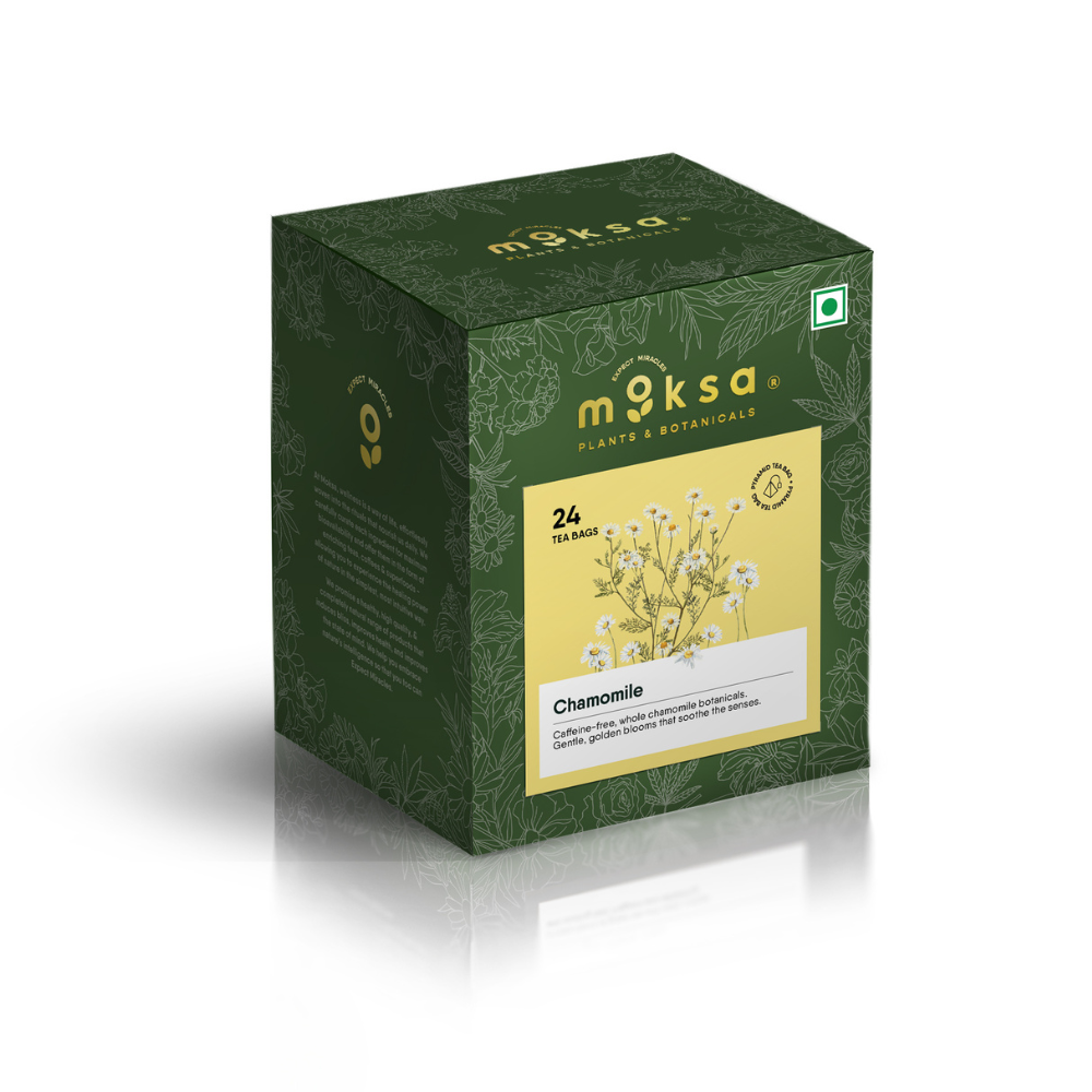 Moksa chamomile tea box on a white background