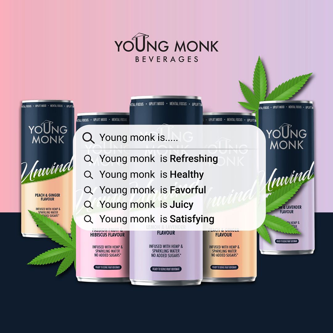Energy Drink - Young Monk - CALMNESS Drink Herbs, Hemp, Zero Added Sugar Lemon & Mint Flavor (Pack Of 4)