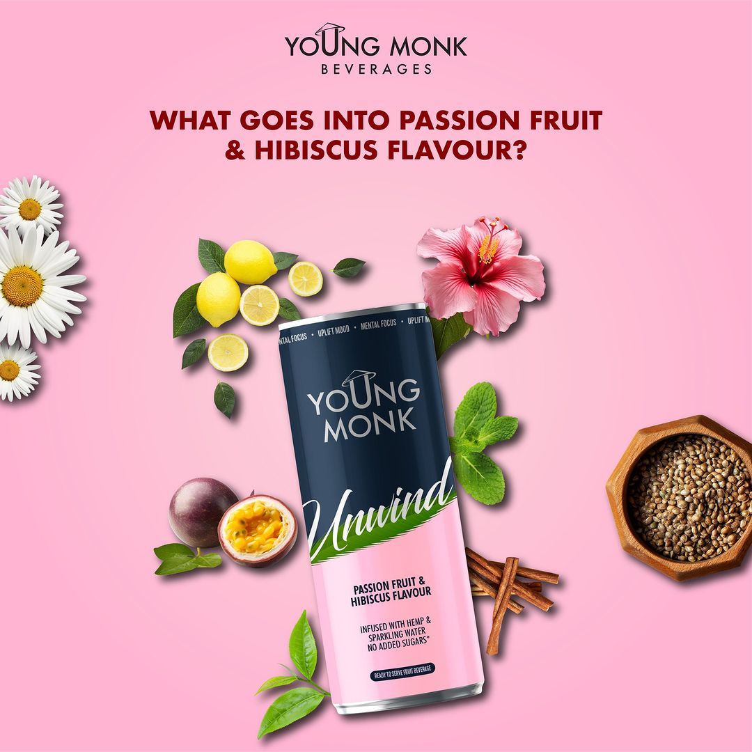 Energy Drink - Young Monk - CALMNESS Drink Herbs, Hemp, Zero Added Sugar Lemon & Mint Flavor (Pack Of 4)
