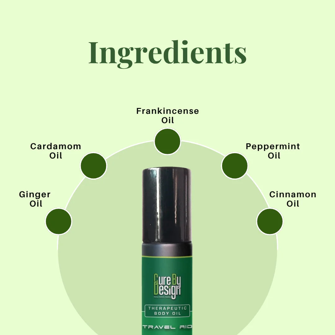 Cure By Design Travel Aid Roll-On 10ml – Hemp Seed Oil, Motion Sickness & Travel Wellness.