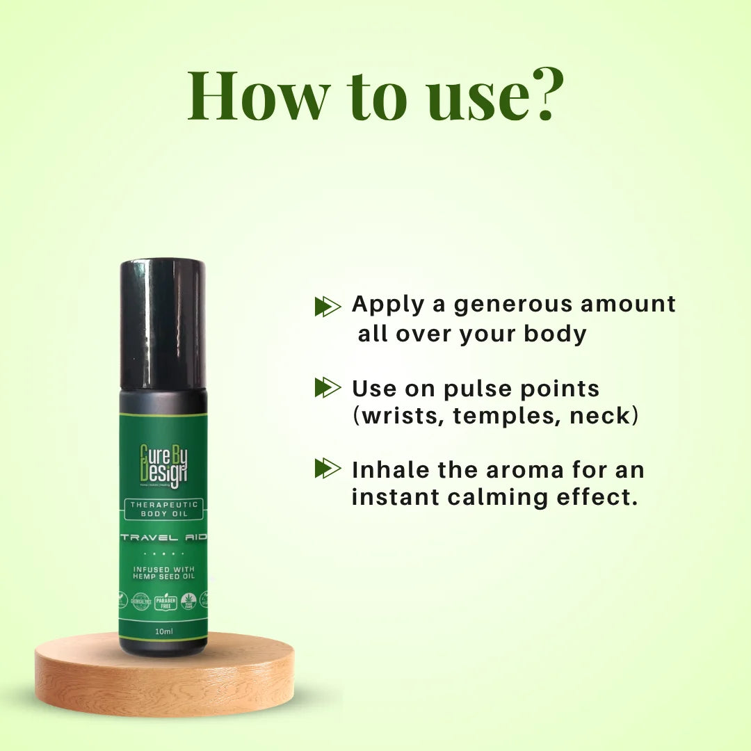 Cure By Design Travel Aid Roll-On 10ml – Hemp Seed Oil, Motion Sickness & Travel Wellness.