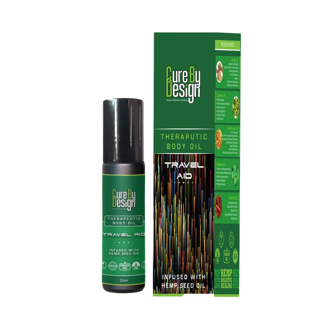 Cure By Design Travel Aid Roll-On 10ml – Hemp Seed Oil, Motion Sickness & Travel Wellness.