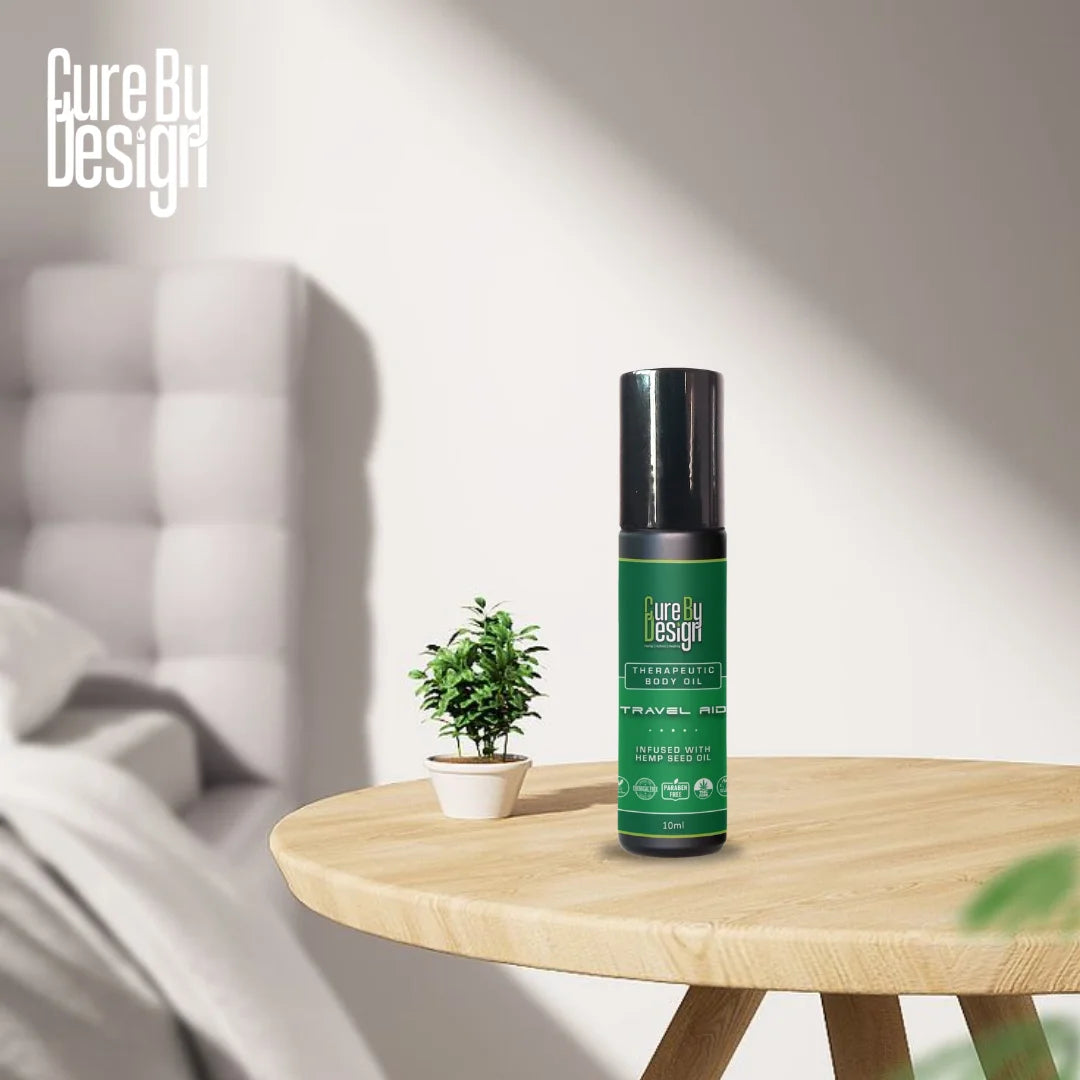 Cure By Design Travel Aid Roll-On 10ml – Hemp Seed Oil, Motion Sickness & Travel Wellness.