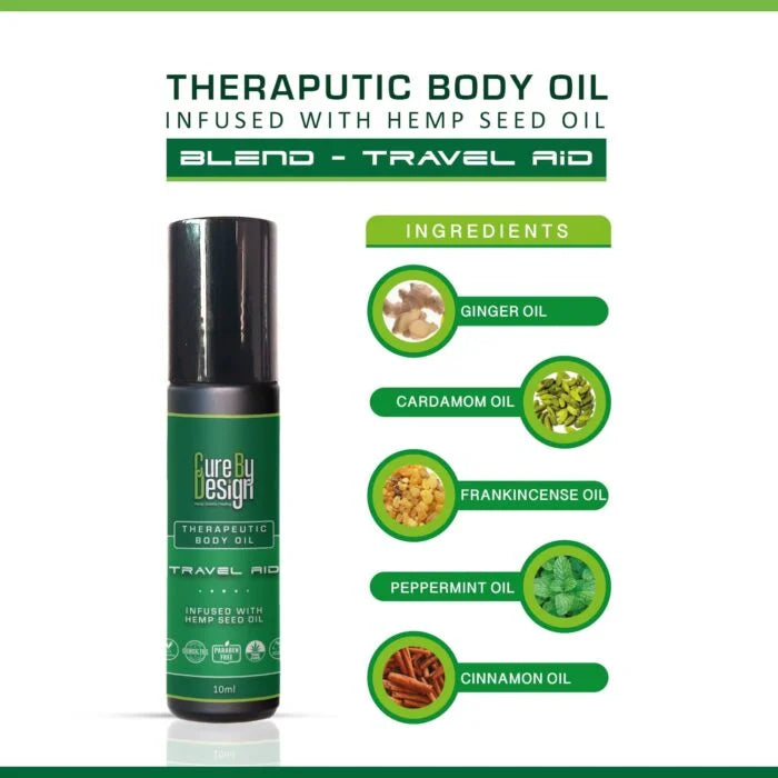 Cure By Design Travel Aid Roll-On 10ml – Hemp Seed Oil, Motion Sickness & Travel Wellness.