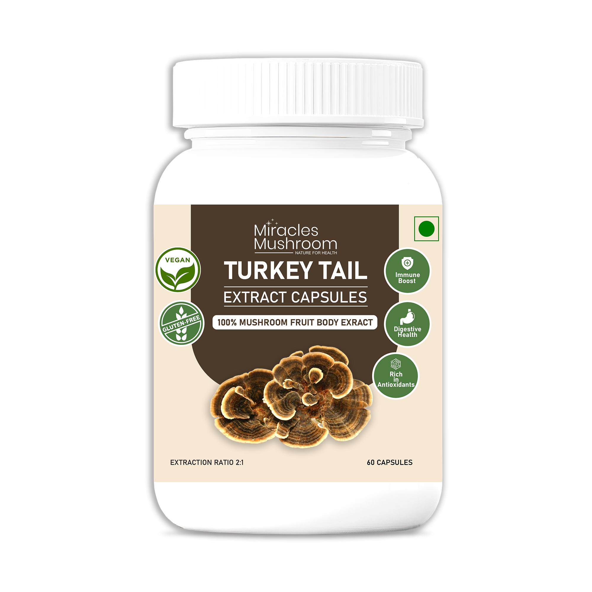 Miracles Mushroom Turkey Tail Mushroom Extract Capsules - 100% Fruit Body Extract - 60 Capsules.