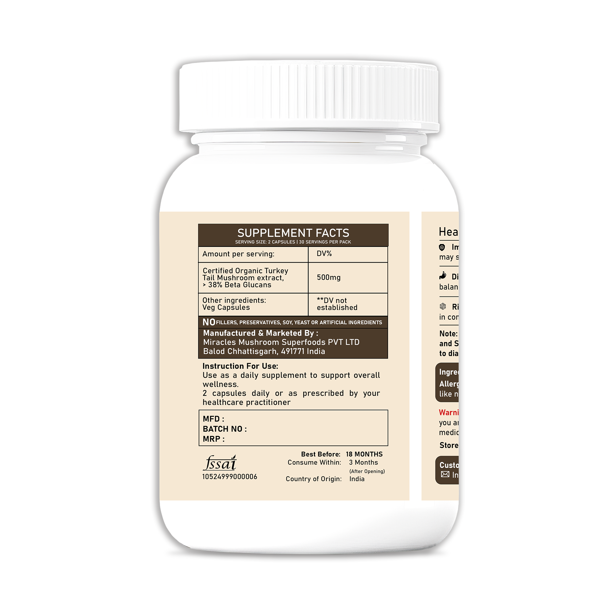 Miracles Mushroom Turkey Tail Mushroom Extract Capsules - 100% Fruit Body Extract - 60 Capsules.