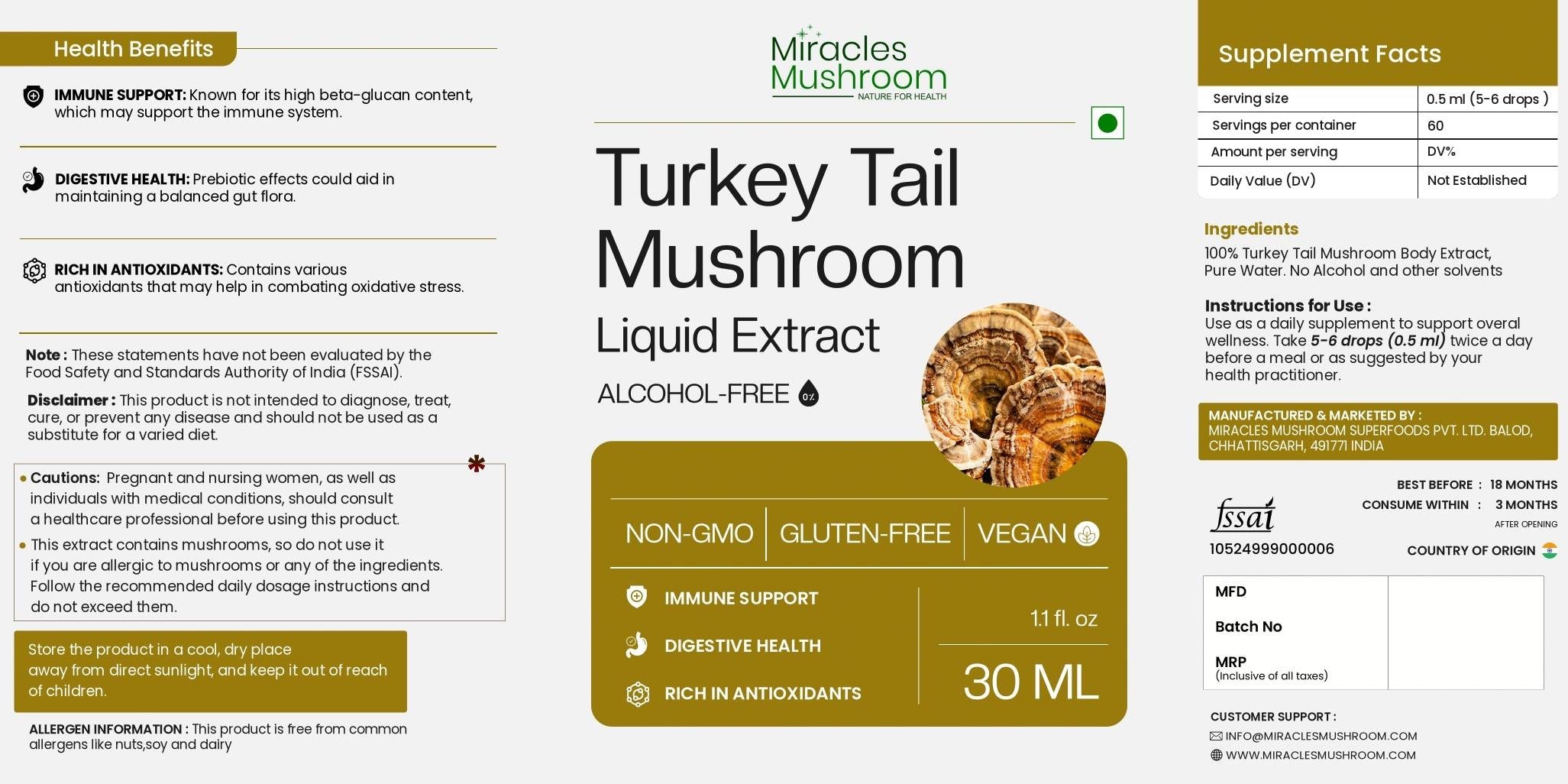 Miracles Mushroom - Turkey Tail Mushroom Liquid Extract - 30ml.