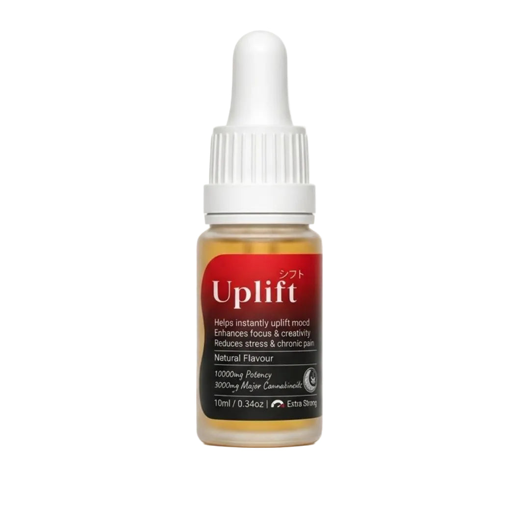 A 10ml dropper bottle of Uplift 10000mg CBD oil, 3000mg Major Cannabinoid, Natural Flavour, shown on a clean white background with a subtle reflection.