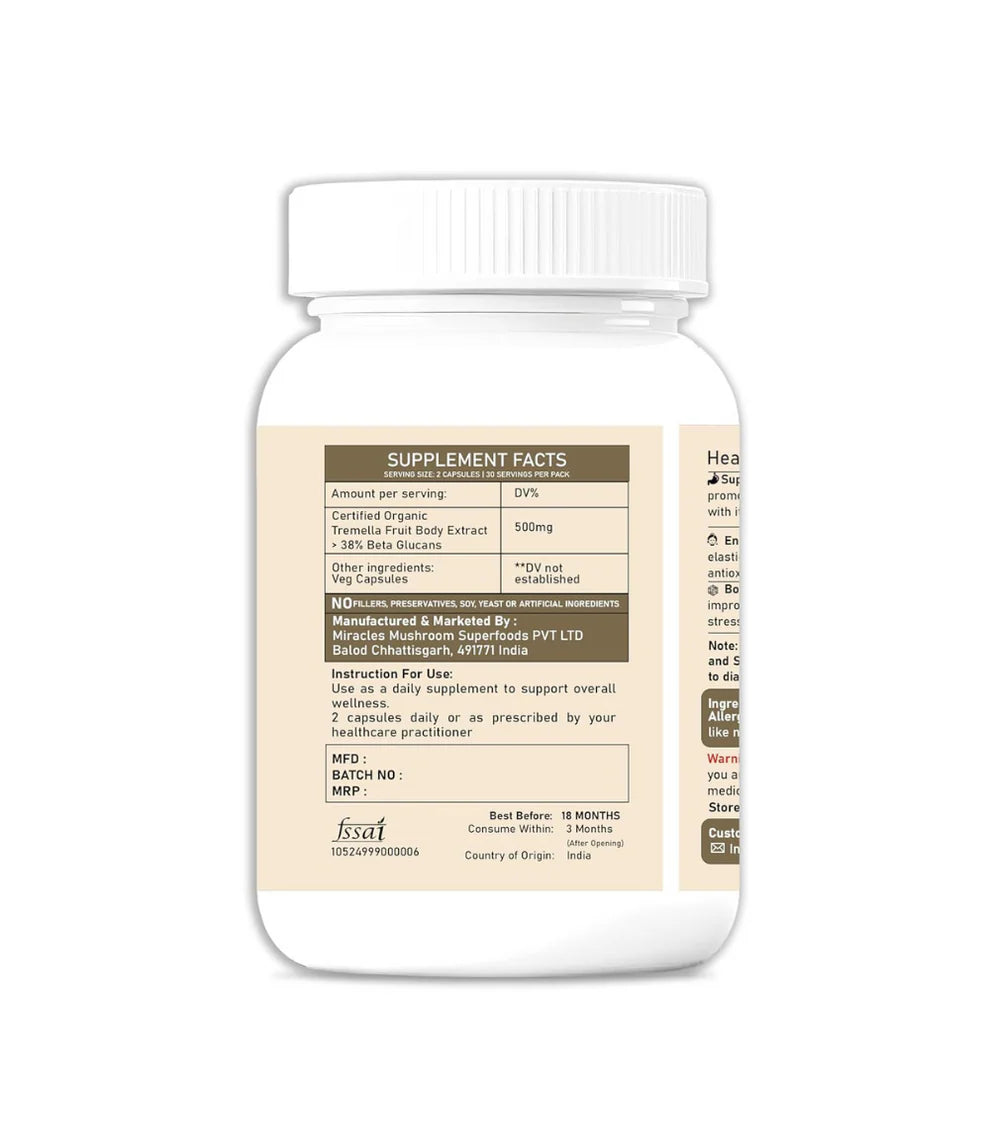 Miracles Mushroom - Tremella Mushroom Extract Capsules - 60 Capsules.