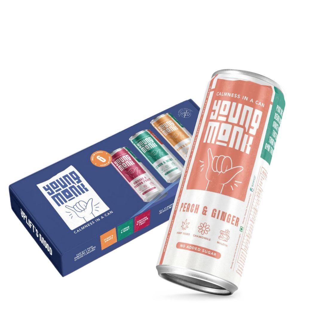 Young Monk Sparkling Hemp Drink – Peach & Ginger | Hemp, Monk Fruit & Ayurvedic Herb Infusion.