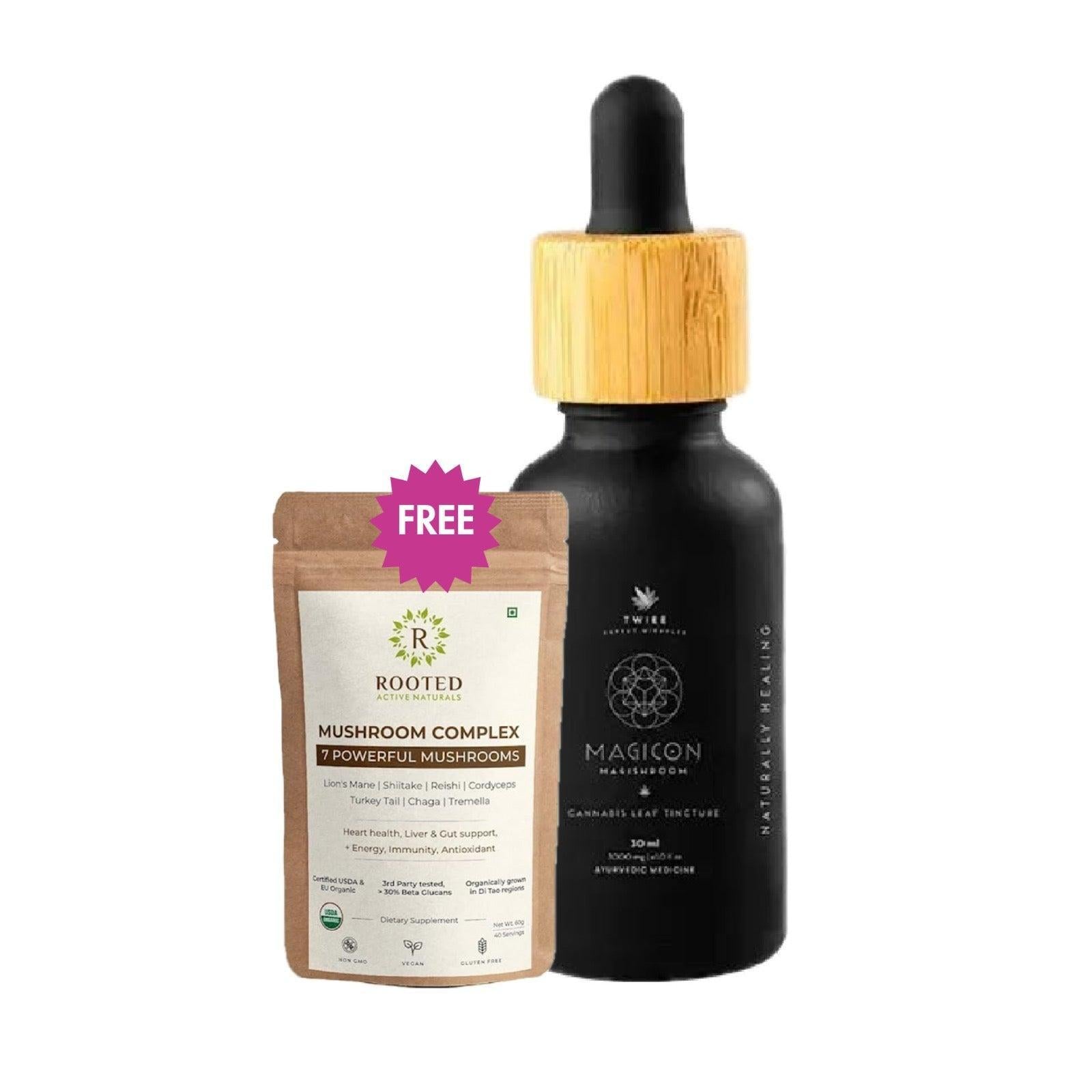 Free Rooted Actives 7 Mushrooms Complex extract powder with Twiee - Magicon Magishroom Cannabis Leaf Tincture.