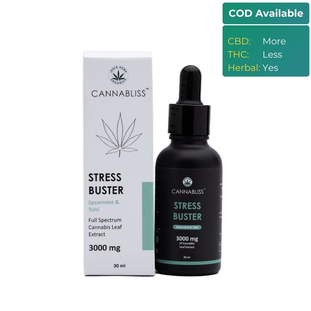 Cannabliss Stress Buster with 10% Cannabis Leaf Extract + Spearmint, Tulsi and Jatamansi - CBD Store India