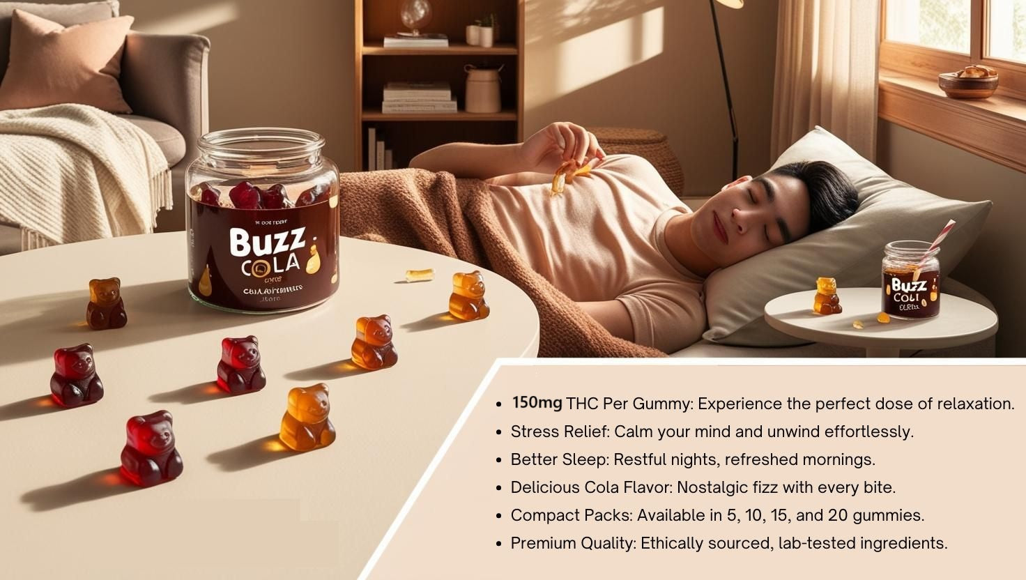 Hebe Buzz Cola | 150mg Cann Gummies | Pop.Chill.Snooze.Repeat