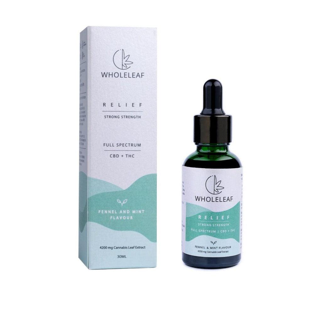 Wholeleaf- Relief Strong Strength Cannabis Oil (THC Dominant)  Fennel and Mint FlavourCBD Oil TincturesWholeleaf Pain Relief Strong Strength CBD-THC Oil | CBD Store India