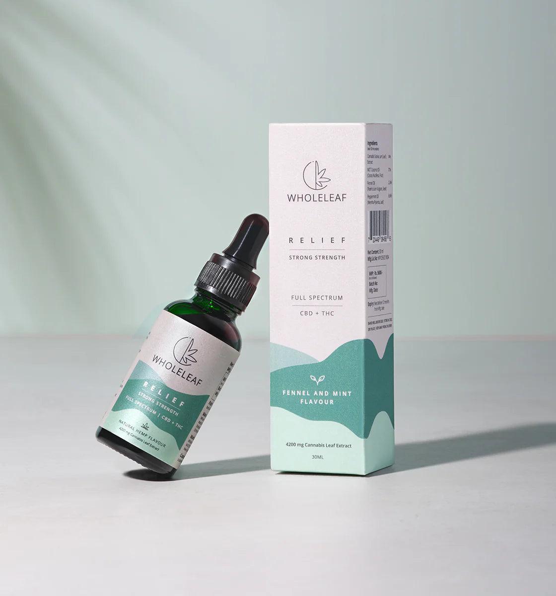 Wholeleaf- Relief Strong Strength Cannabis Oil (THC Dominant)  Natural FlavourCBD Oil TincturesTHC Cannabis Oil Relief - Pain Management | 4200mg Extract