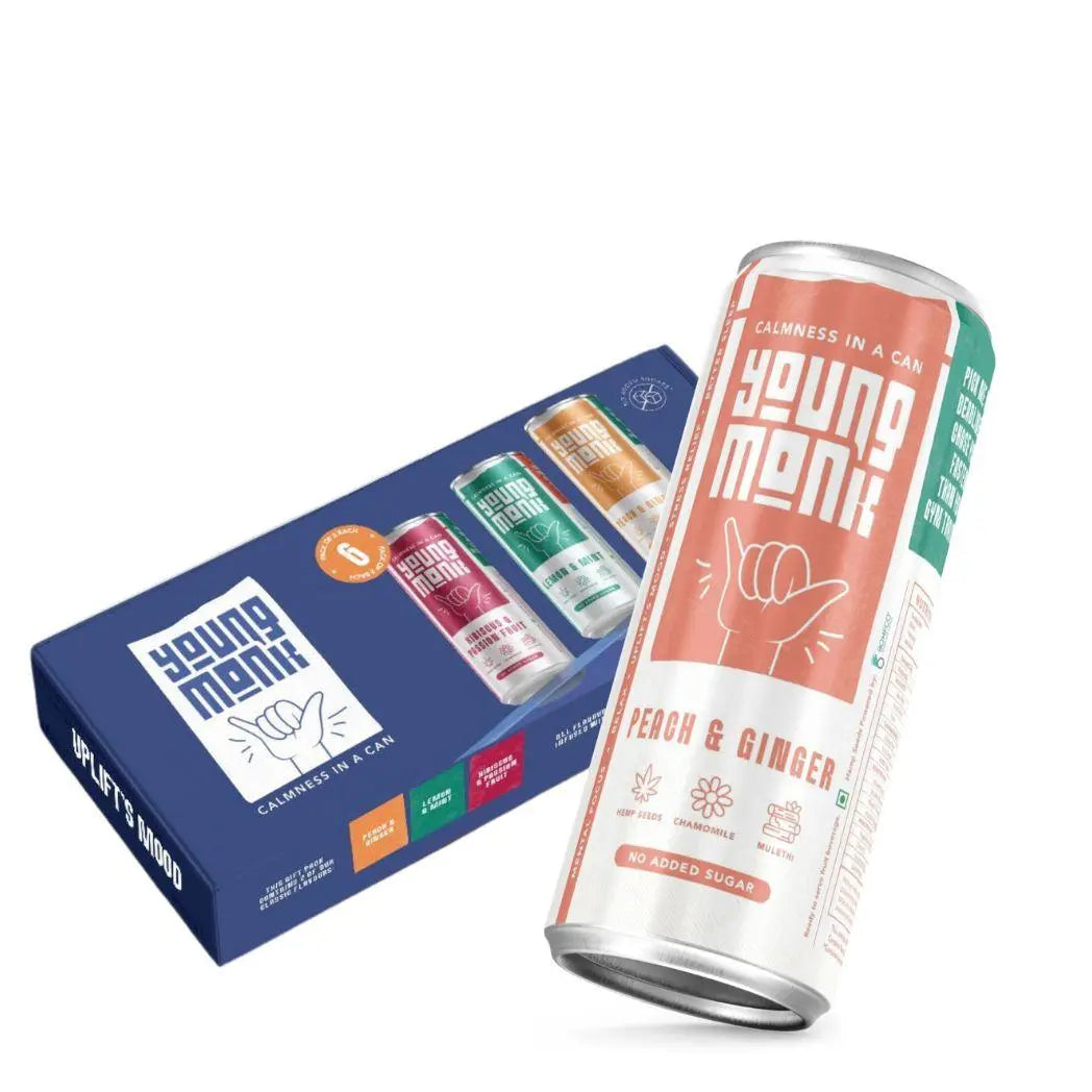 Young Monk Sparkling Hemp Drink – Peach & Ginger | Hemp, Monk Fruit & Ayurvedic Herb Infusion.