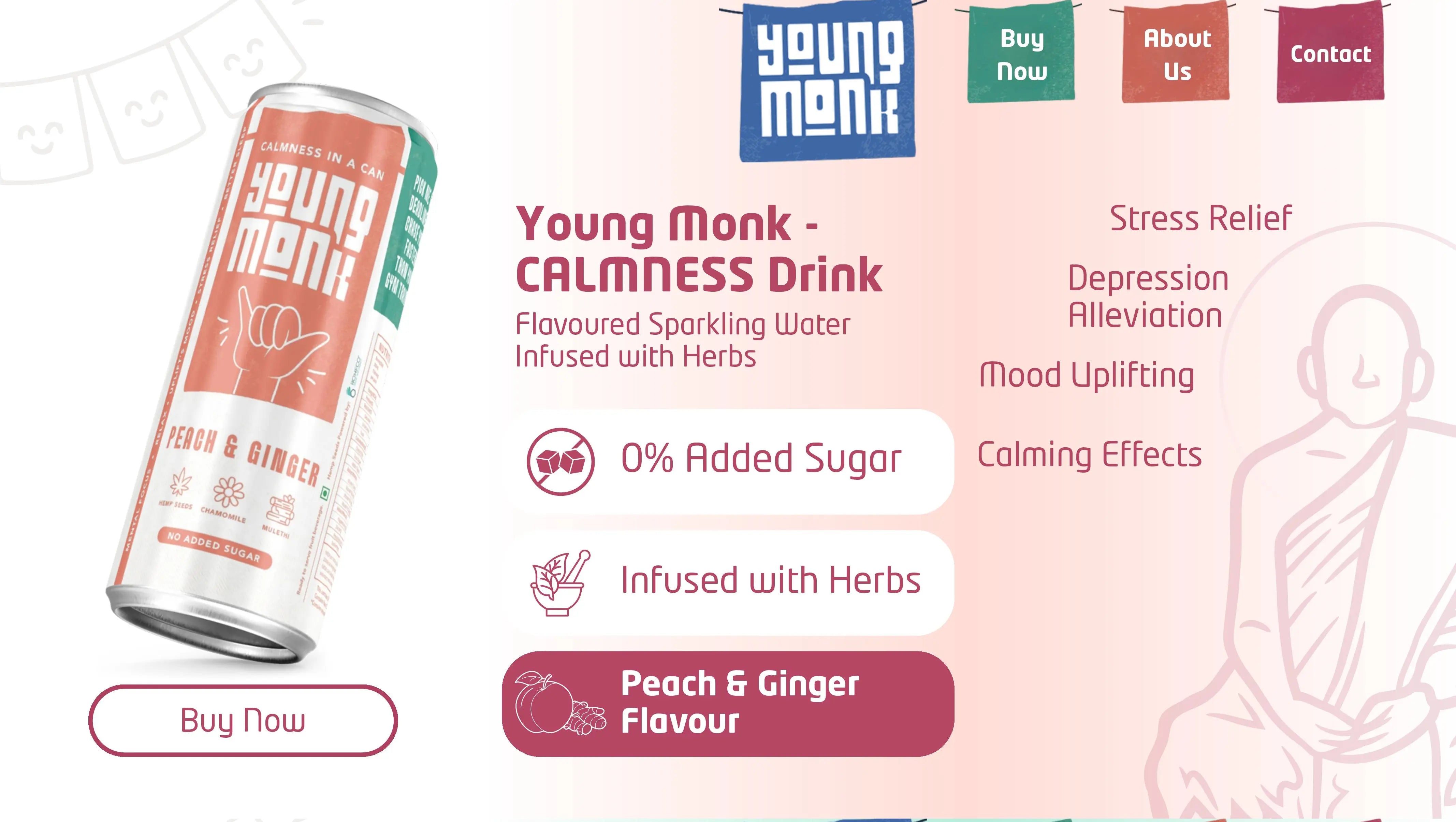 Young Monk Sparkling Hemp Drink – Peach & Ginger | Hemp, Monk Fruit & Ayurvedic Herb Infusion.