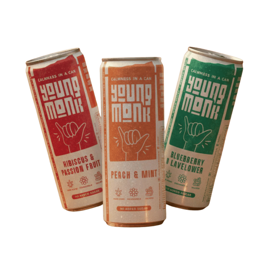 Young Monk CALMNESS Drink – Hemp & Herbal Sparkling Combo (Lemon-Mint, Peach-Ginger, Hibiscus) | Pack of 6.