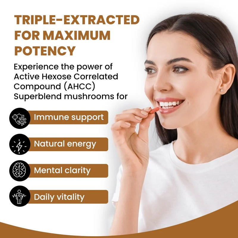 Rooted Actives AHCC Mushroom Extract Capsules - Shiitake, Lion's Mane, Maitake & Agaricus Blend | Daily Wellness
