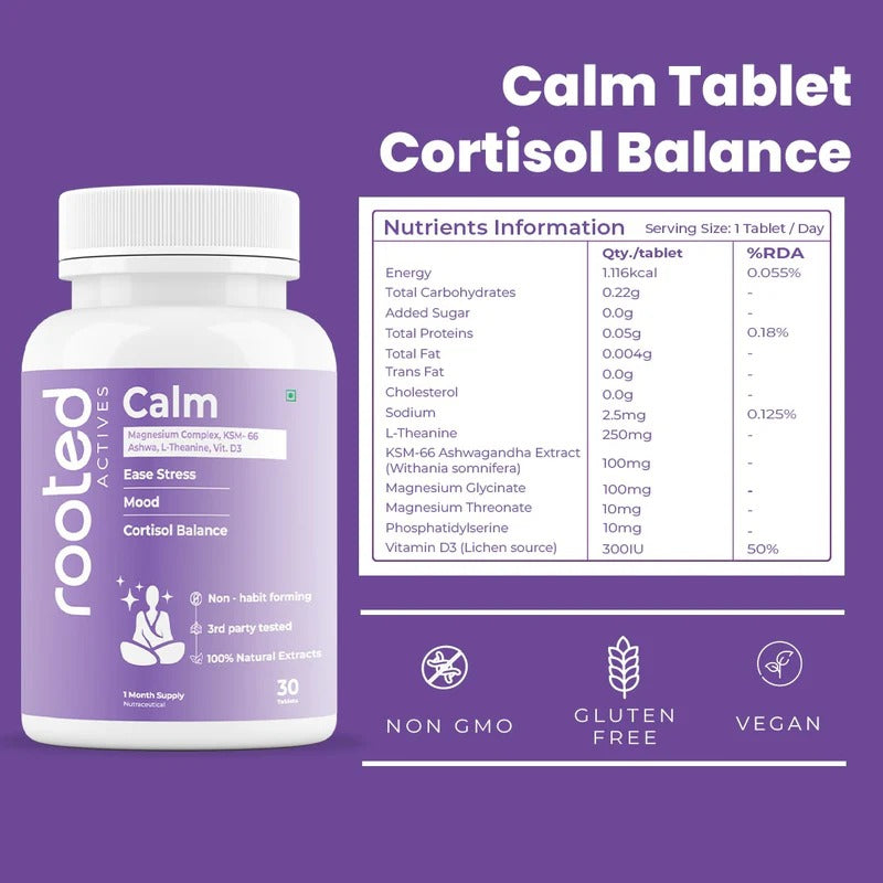 Rooted Actives Calm KSM-66 Ashwagandha, Magnesium Glycinate & L-Theanine Tablets | Daily Calm Routine