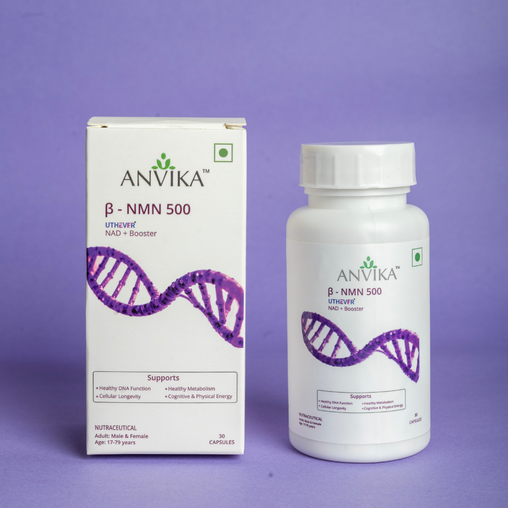 Anvika β-NMN 500 NAD + Booster Supplement, Healthy Ageing 30 Veg Capsules, for Focus & Cellular Health and Metabolism