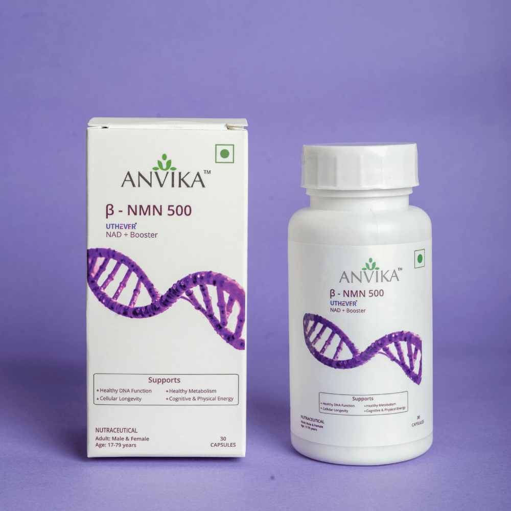 Anvika β-NMN 500 NAD + Booster Supplement, Healthy Ageing 30 Veg Capsules, for Focus & Cellular Health and Metabolism.