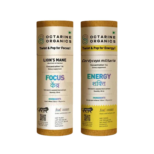 Two bottles of Octarine Organics on a wooden surface with a light gray background