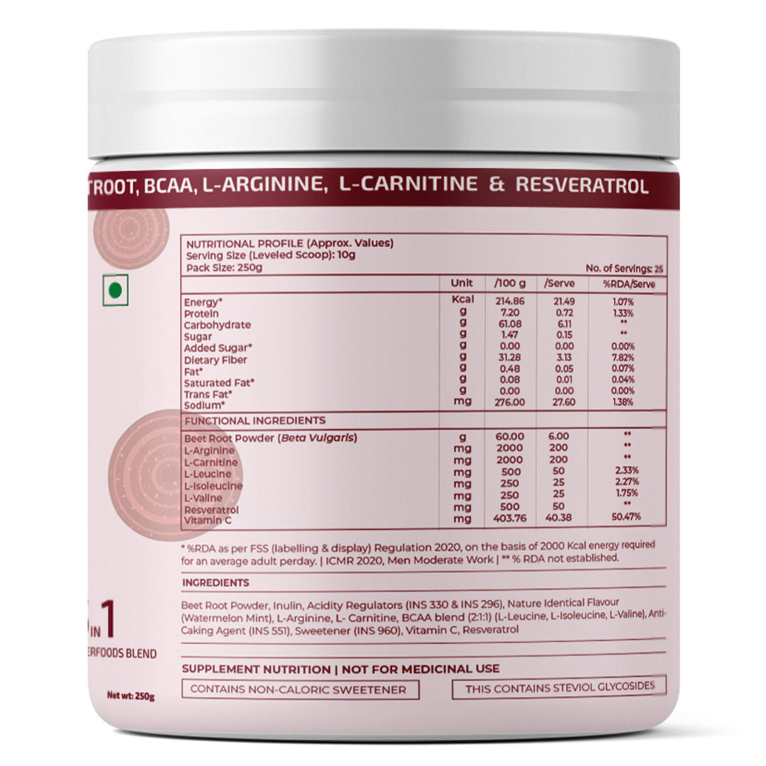 Rooted Actives Power Beets Drink Mix - Beetroot, BCAAs, L-Arginine & L-Carnitine (Watermelon Mint, 250g)