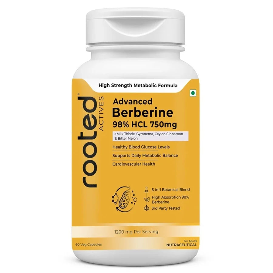 Rooted Actives Berberine HCl Capsules 750mg - 98% Pure Berberine with Milk Thistle & Gymnema | Daily Wellness Formula