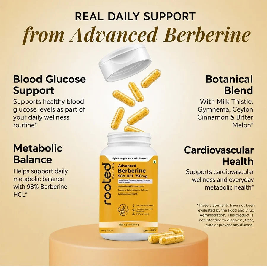 Rooted Actives Berberine HCl Capsules 750mg - 98% Pure Berberine with Milk Thistle & Gymnema | Daily Wellness Formula