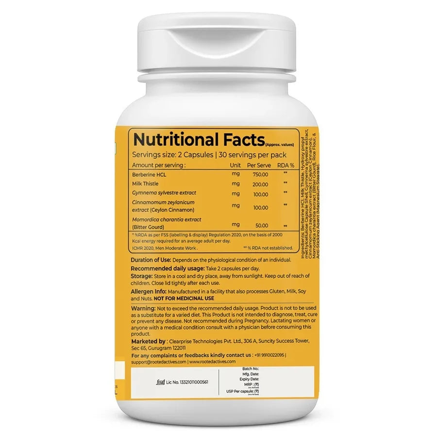 Rooted Actives Berberine HCl Capsules 750mg - 98% Pure Berberine with Milk Thistle & Gymnema | Daily Wellness Formula