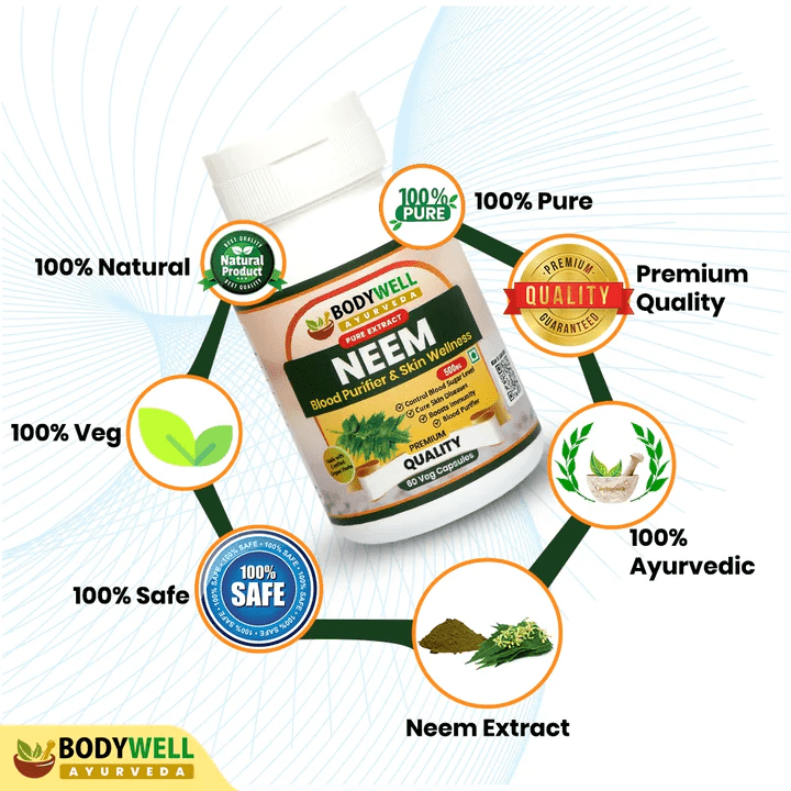 Bodywell Ayurveda - Neem Pure Extract Capsule | Anti Acne & Anti Bacterial | Good for Detoxification and Metabolism | 500mg.