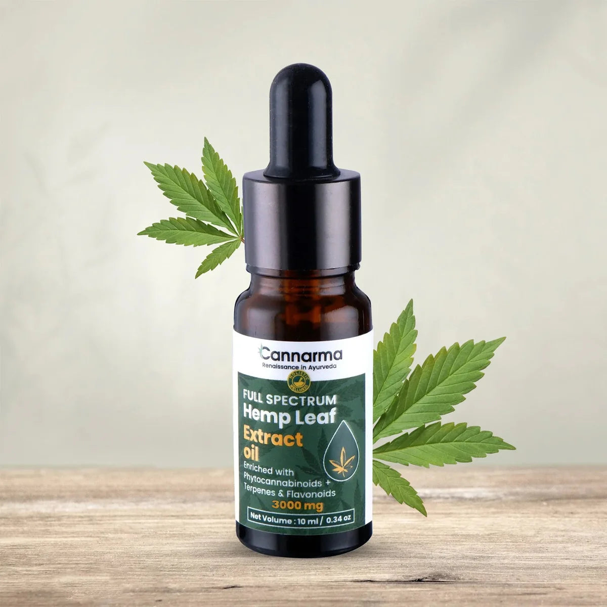 10 ml dropper bottle of Cannarma Full Spectrum Hemp Leaf Extract Oil (3000 mg)
