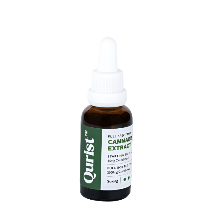 Bottle of Quirist cannabis extract on a white background